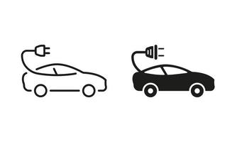 elektrisk bil med plugg linje och silhuett ikon uppsättning. hybrid eco bil transport. elektricitet energi bil symbol samling på vit bakgrund. ekologi bil tecken. isolerat vektor illustration.