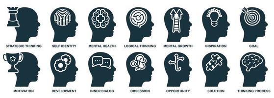 mänsklig sinne bearbeta silhuett ikon uppsättning. emotionell intelligens glyf piktogram. mental hälsa fast tecken. tror handla om utveckling, intellektuell bearbeta symboler. isolerat vektor illustration.