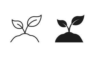 Öko-Natursaatgut, Landwirtschaftslinie und Silhouetten-Icon-Set. organisches wachstumsblatt auf boden. Sammlung von Symbolen für umweltfreundliche Farmen. Spross der Pflanze im Ökologiegarten. isolierte Vektorillustration. vektor