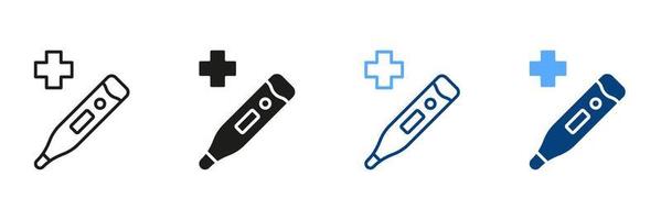 medizinisch Werkzeug zum Temperatur Steuerung schwarz und Farbe Piktogramm. Gesundheitswesen Instrument. Thermometer Linie und Silhouette Symbol Satz. elektronisch Thermometer Symbol Sammlung. isoliert Vektor Illustration.