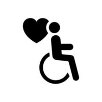 Nächstenliebe und spenden Konzept. Behinderung geduldig im Rollstuhl Silhouette Symbol. Freiwillige Pflege zum deaktiviert schwarz Piktogramm. Pflegekraft Symbol. Pflege und Hilfe Service. Vektor Illustration.