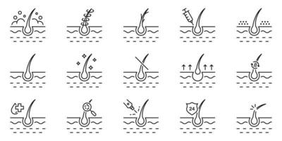 Haar Follikel Behandlung Linie Symbol Satz. Haar Verlust, Wachstum, Entfernung, Pflege, Beschädigung linear Piktogramm. gesund Dermatologie zum Epidermis Gliederung Symbol. editierbar Schlaganfall. isoliert Vektor Illustration.