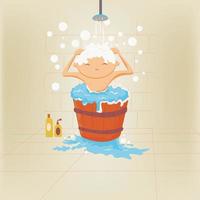 Junge ist nehmen ein Bad mit Shampoo Schaum auf seine Kopf vektor