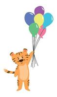 söt tiger karaktär. tiger med ballonger. vektor illustration