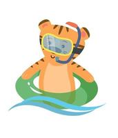 süß Tiger Charakter. das Bauch ist gebadet. ein Tiger im ein Maske schwimmt mit ein Kreis. Vektor Illustration