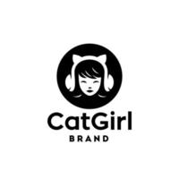 Mädchen mit Katze Stirnband. süß Frau mit ein Katze Kitty Ohr Zubehör oder Kopfhörer Logo Vektor Illustration Maskottchen.