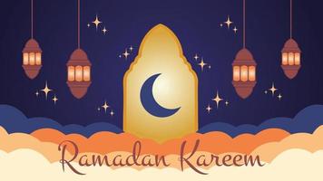 Ramadan kareem mit sternenklar Nacht Himmel ist ein Vektor Illustration Das zeigt an das Atmosphäre sternenklar Nacht Himmel Dort sind ebenfalls Laternen auf das richtig und links von das Tor von das Moschee.