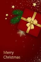 fröhlich Weihnachten Karte. Weihnachten Baum Geäst, rot Geschenk Kasten, Gold Dekor und Konfetti. vektor