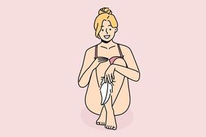 lächelnd Frau im Unterwäsche berühren Beine mit Sanft Feder. glücklich Mädchen mit Feder. Epilation und Haar Entfernung. Vektor Illustration.