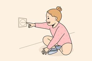 glücklich süß Mädchen Kind strecken Finger zu elektrisch Steckdose beim heim. lächelnd Kind abspielen mit gefährlich Elektrizität Auslauf im Wohnung. Kinder und Achtung. Vektor Illustration.