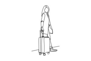 kontinuierlich eine Linie Zeichnung ein Frau Tragen Koffer zu das Ebene. Flughafen Aktivität Konzept. Single Linie Zeichnung Design Grafik Vektor Illustration