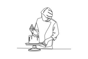kontinuerlig en linje teckning en kvinna dekorera en kaka i de kök. kök aktivitet begrepp. enda linje teckning design grafisk vektor illustration