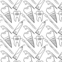 nahtlos Muster mit Dental Muster, Zahnbürste, implantieren, Zahn Klammer, Paste, Zahnarzt Werkzeuge Gliederung Symbole- Vektor Illustration