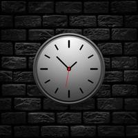 Weiß mechanisch Uhr auf ein dunkel schwarz Backstein Mauer vektor