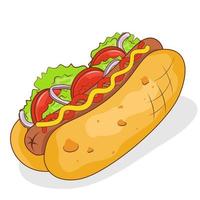 Hotdog mit Tomate und Salat. Vektor eben Illustration.