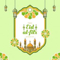 eid al fitr hälsning kort med lykta moské islamic prydnad illustration design vektor