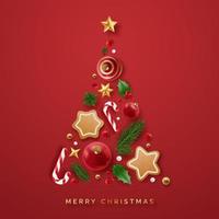 Weihnachten Baum gemacht von Weihnachten Dekor. dekorativ festlich Objekt realistisch 3d Kekse, Stock Süssigkeit, Stechpalme Beeren, Sterne und Weihnachten Bälle. Weihnachten und Neu Jahr Design vektor