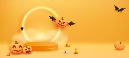 Orange Halloween Hintergrund mit Kürbisse, Spinne, Schläger, Süßigkeiten und Beleuchtung. Kürbis fliegen um Plattform. realistisch 3d Design Bühne Podium, runden Studio vektor