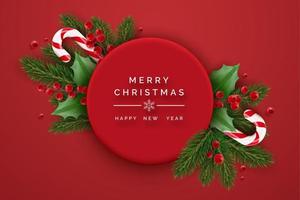 glad jul och Lycklig ny år baner med järnek bär, godis, gran bruncher och jul element. jul röd bakgrund med realistisk dekorationer vektor