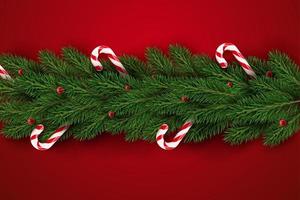 realistisch Weihnachten Baum Geäst dekoriert mit Bälle und Süßigkeiten. Urlaub Hintergrund. Weihnachten Vektor Verkauf Dekorationen