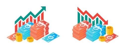 indonesiska rupiah fluktuation med pengar bunt illustrationer vektor