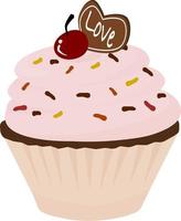 ljuv muffin med grädde och körsbär. vektor illustration. kärlek text på choklad hjärta form. romantisk cupcake. mat vektor illustration.
