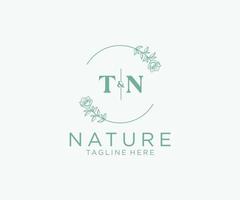 första tn brev botanisk feminin logotyp mall blommig, redigerbar förhandsgjord monoline logotyp lämplig, lyx feminin bröllop varumärke, företags. vektor
