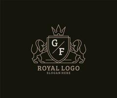 första gf brev lejon kunglig lyx logotyp mall i vektor konst för restaurang, kungligheter, boutique, Kafé, hotell, heraldisk, Smycken, mode och Övrig vektor illustration.