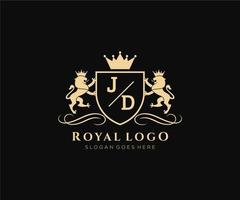 första jd brev lejon kunglig lyx heraldisk, vapen logotyp mall i vektor konst för restaurang, kungligheter, boutique, Kafé, hotell, heraldisk, Smycken, mode och Övrig vektor illustration.