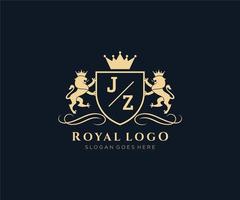 första jz brev lejon kunglig lyx heraldisk, vapen logotyp mall i vektor konst för restaurang, kungligheter, boutique, Kafé, hotell, heraldisk, Smycken, mode och Övrig vektor illustration.