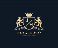 första J H brev lejon kunglig lyx heraldisk, vapen logotyp mall i vektor konst för restaurang, kungligheter, boutique, Kafé, hotell, heraldisk, Smycken, mode och Övrig vektor illustration.
