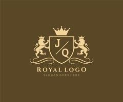 första jq brev lejon kunglig lyx heraldisk, vapen logotyp mall i vektor konst för restaurang, kungligheter, boutique, Kafé, hotell, heraldisk, Smycken, mode och Övrig vektor illustration.