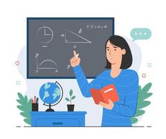 kvinna lärare ger matematik lektion medan förklara den på svarta tavlan. undervisning begrepp illustration vektor