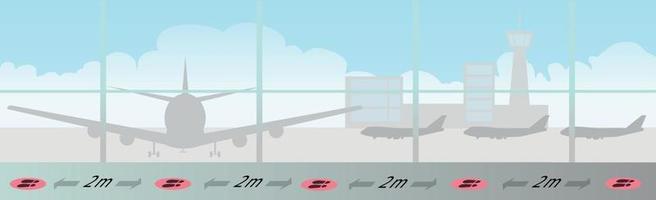 soziale Distanz und Fahrspurmarkierungen in einem großen Flughafen vektor