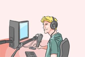 Streamer mit Geräten zum Streamen, Pro-Player-Gamer-Online-Spiel, Influencer-Live-Podcasting online, Programmierertreffen mit Chat, Inhalt für Mitwirkende, flache Vektorillustration vektor