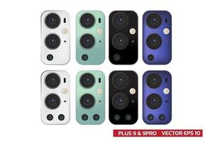 Dreifachobjektiv und Vierobjektiv des Kameramodells in verschiedenen Farben, Schwarz-Weiß-Grün-Blau, realistische Vektorillustration. vektor