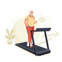 aktiver älterer Mann auf einem Laufband zu Hause. Lifestyle-Sportaktivitäten im Alter. sportlicher Großvater auf Trainingsmaschine, Zeichentrickfigur. Fitnessgerät. Vektorillustration im modernen flachen Stil. vektor