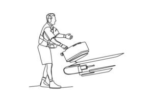 kontinuerlig en linje teckning de bagage hanterare är tar vård av de plan varor. flygplats aktivitet begrepp. enda linje teckning design grafisk vektor illustration
