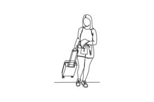kontinuerlig en linje teckning lång hår kvinnor gående med resväskor i de flygplats. flygplats aktivitet begrepp. enda linje teckning design grafisk vektor illustration