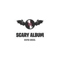 skrämmande musik album logotyp, vinyl plast tallrik kombinera med vingar fladdermus, logotyp ikon mall vektor