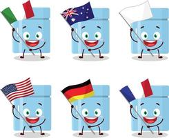 kylskåp tecknad serie karaktär föra de flaggor av olika länder vektor