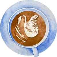 Aquarell Tasse von Kaffee mit Latté Kunst im ein Blau Tasse oben Aussicht vektor