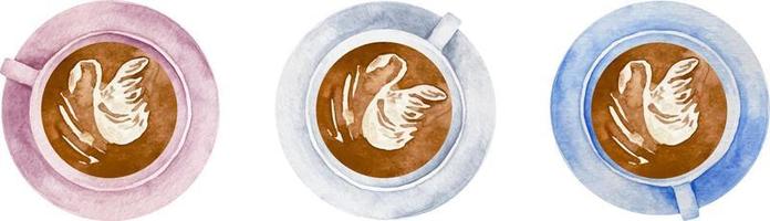 Aquarell Weiss, Rosa und Blau Tassen von Kaffee mit Latté Kunst im ein Weiß Tasse oben Aussicht vektor