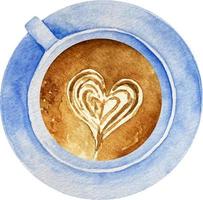 Aquarell Tasse von Kaffee mit Herz Muster im ein Blau Tasse oben vi vektor