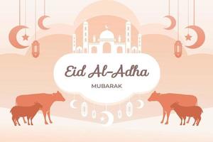 eid mubarak firande hälsning kort mall. festlig design för muslim festival eid al Adha med get, silhuett av moské, lyktor och halvmåne. vektor illustration.