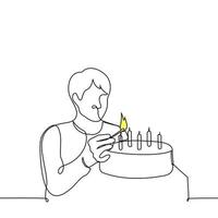 man belysning ljus på en kaka - ett linje teckning vektor. de begrepp av framställning en kaka för de Semester, fira en födelsedag ensam utan vänner vektor
