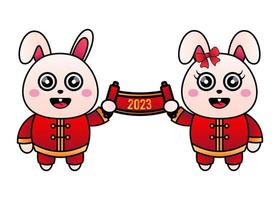 2 süß Kaninchen halten ein scrollen mit 2023 geschrieben auf Es. mit das Gefühl von Chinesisch Neu Jahr vektor