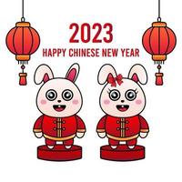 2023 kinesisk ny år. 2 söt kanin med kinesisk ny år prydnad dekoration vektor
