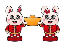 2 kaniner innehav en stor kinesisk guld göt. med de känna av kinesisk ny år vektor