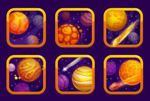 Karikatur Raum Planeten Spiel Orange App Symbole vektor